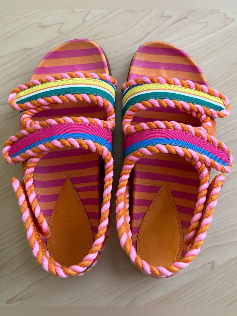 Copper Key Striped Rope Trim Velcro Closure Sandals Size 7 M
